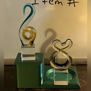 Set of 2 Art Glass Sculptures with Blue and Gold Accents spiral design miniature
